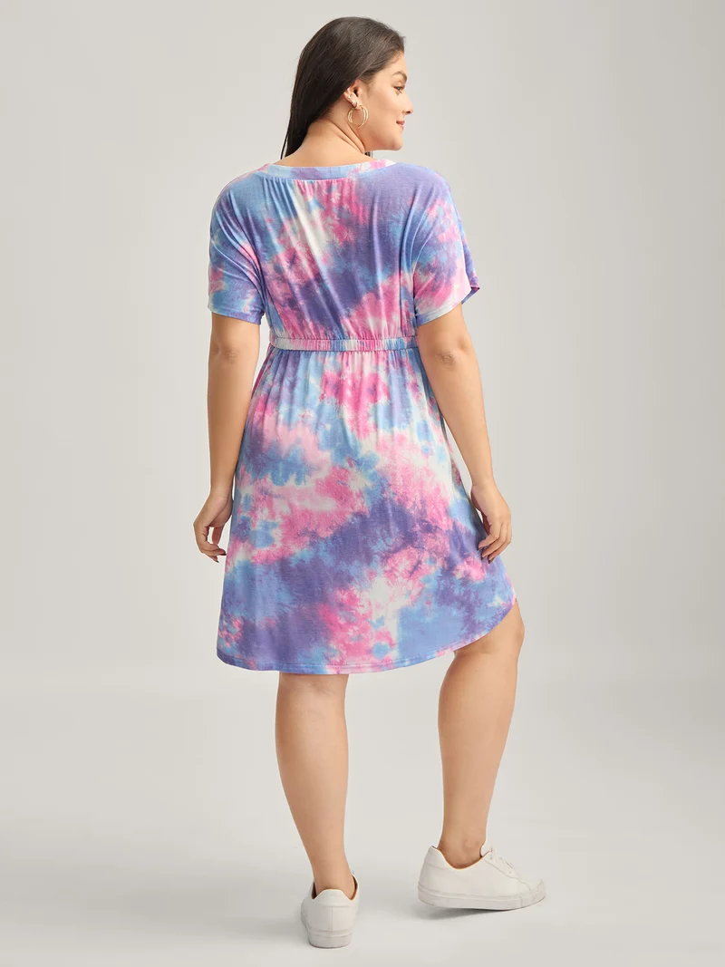 Tie-Dye Curvy Hem V-Neck Midi Dress