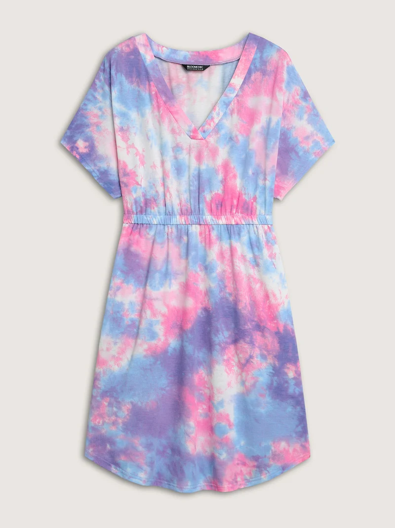 Tie-Dye Curvy Hem V-Neck Midi Dress