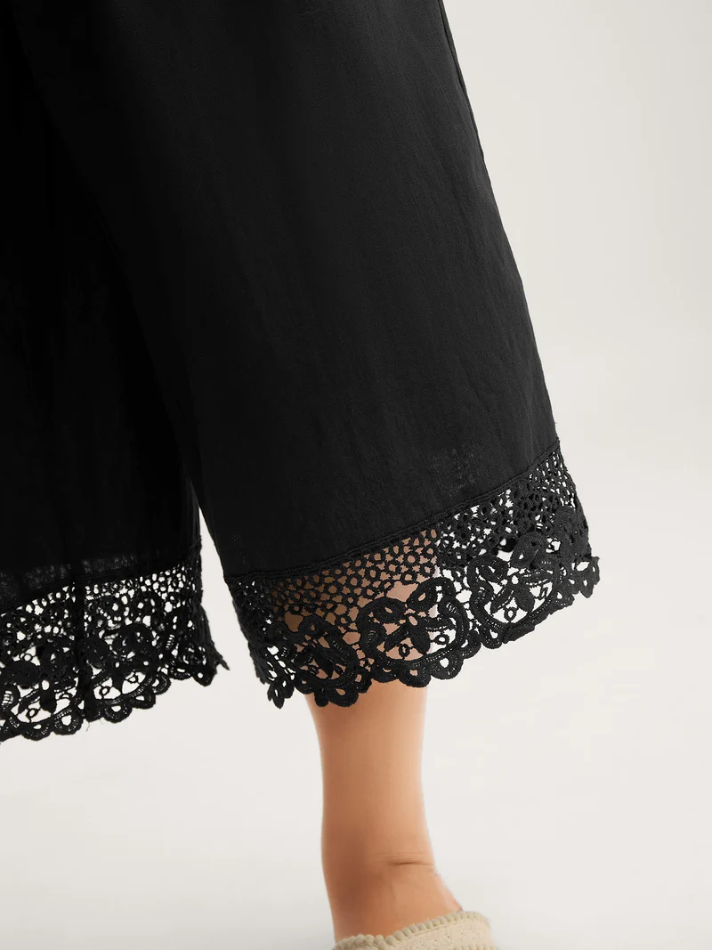 Cotton Scalloped Lace Hem Wide-Leg Pants