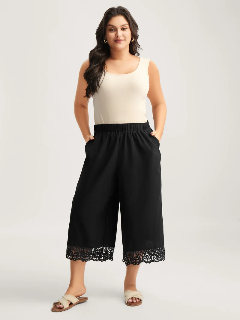 Cotton Scalloped Lace Hem Wide-Leg Pants