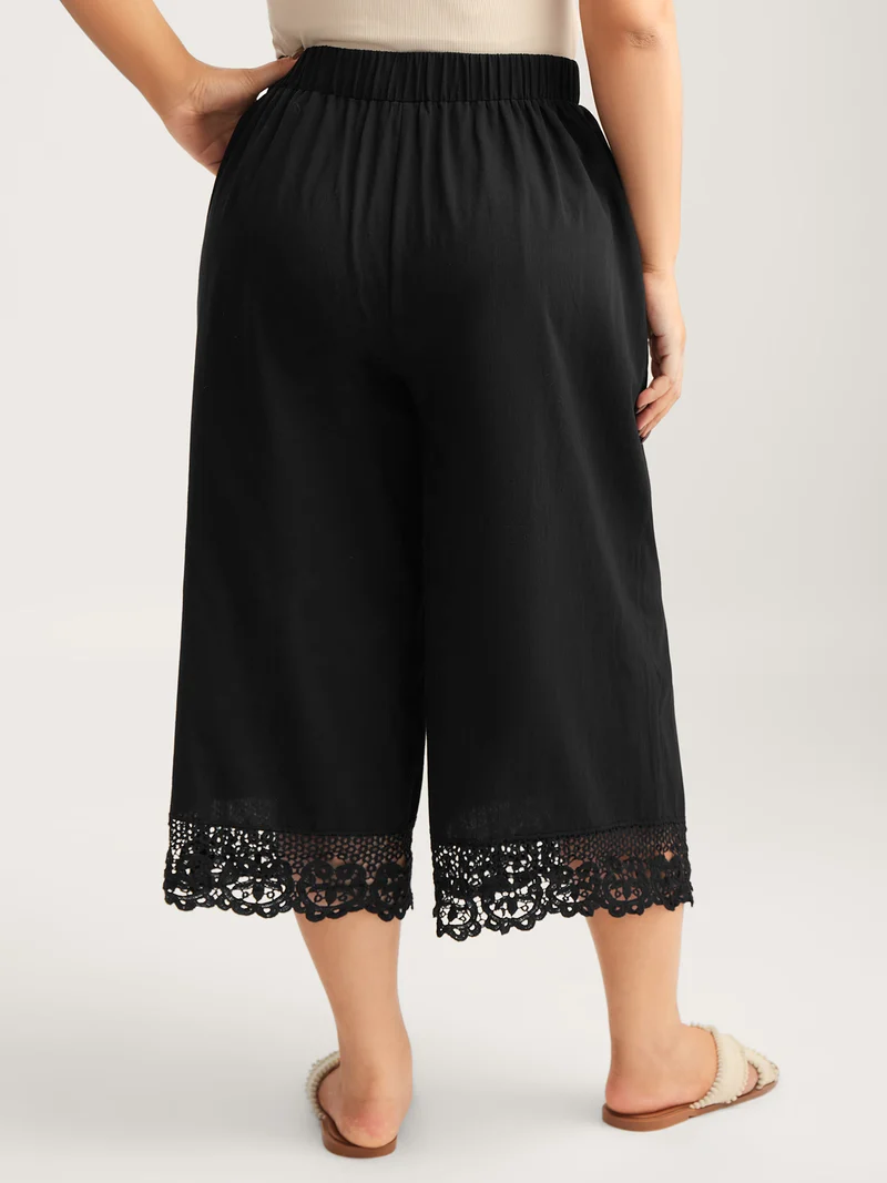 Cotton Scalloped Lace Hem Wide-Leg Pants