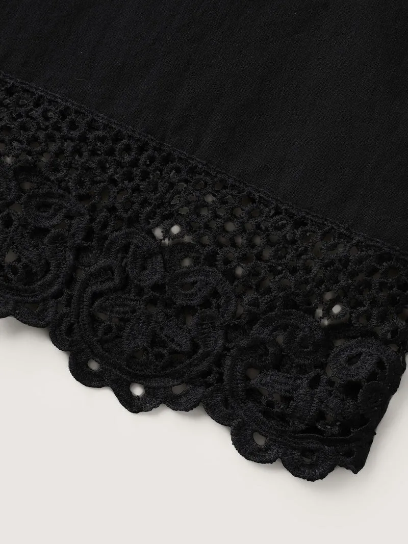 Cotton Scalloped Lace Hem Wide-Leg Pants