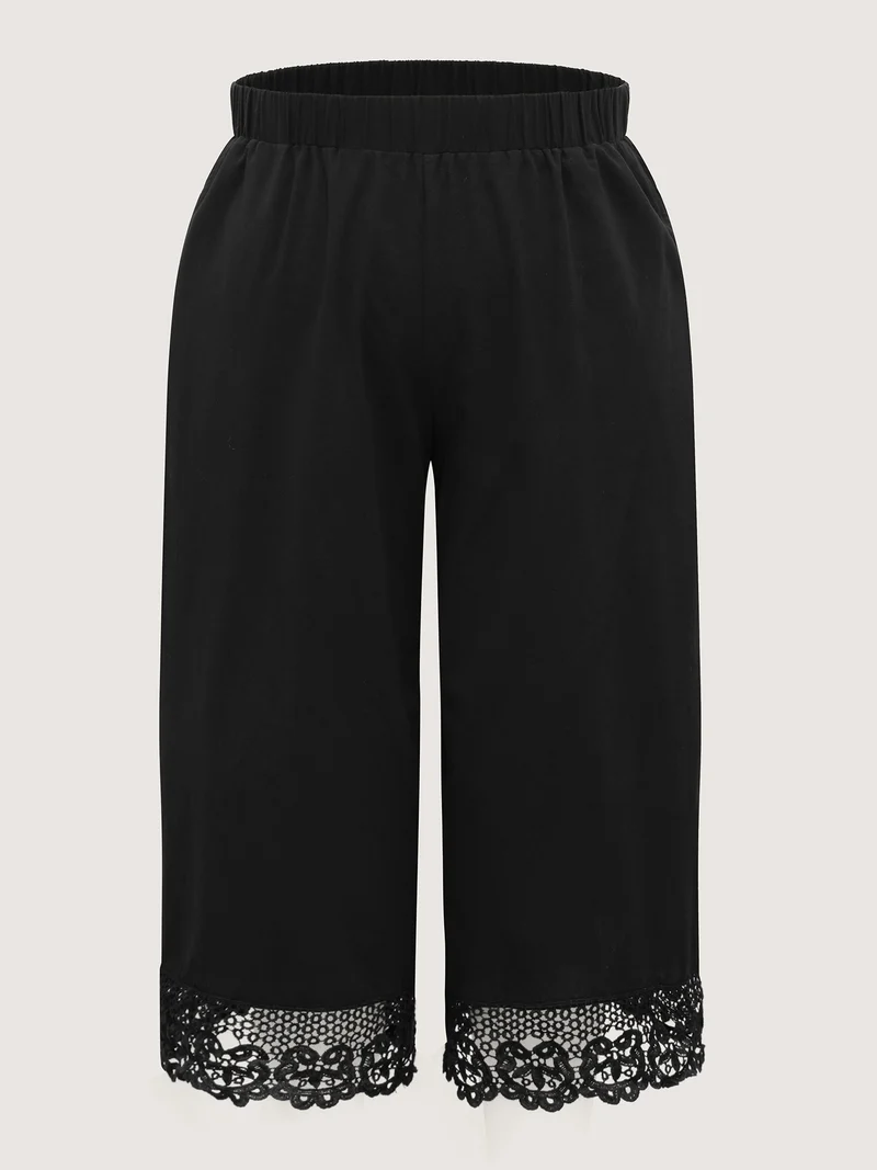 Cotton Scalloped Lace Hem Wide-Leg Pants
