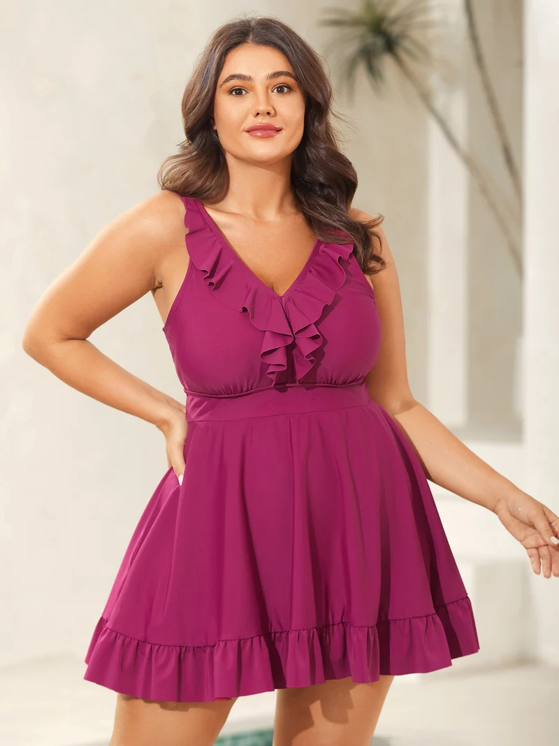 Ruffled Fit and Flare Swim Dress