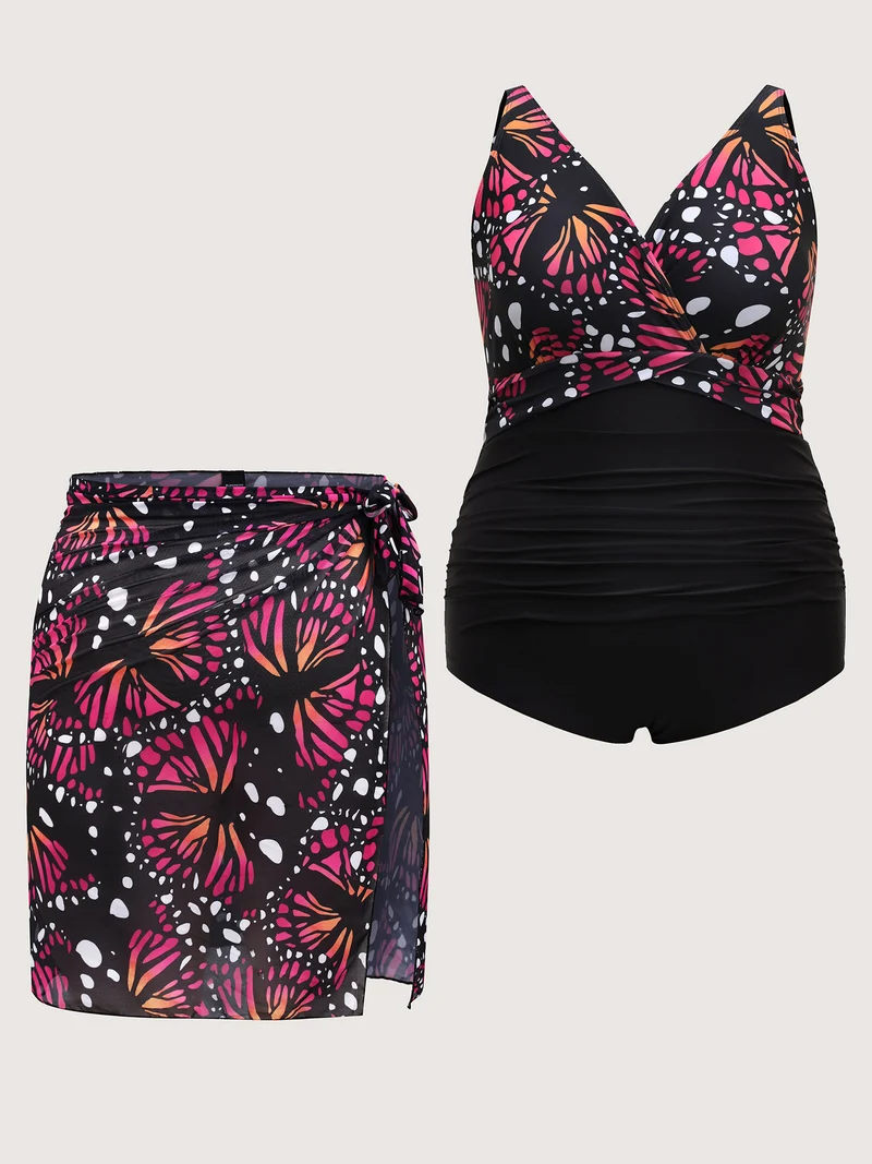 Two-Piece Butterfly Pattern Sarong Swimsuit