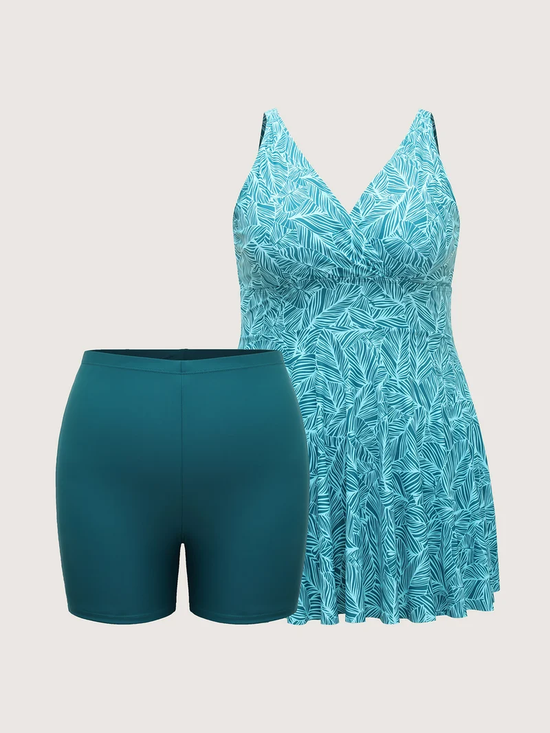 Leafy Print Fit and Flare Swim Dress