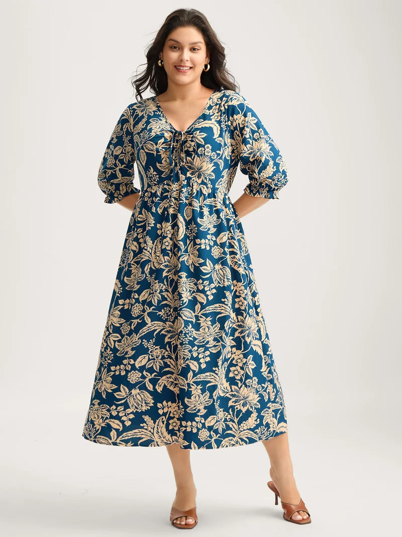 Boho Floral Drawstring Pockets Midi Dress