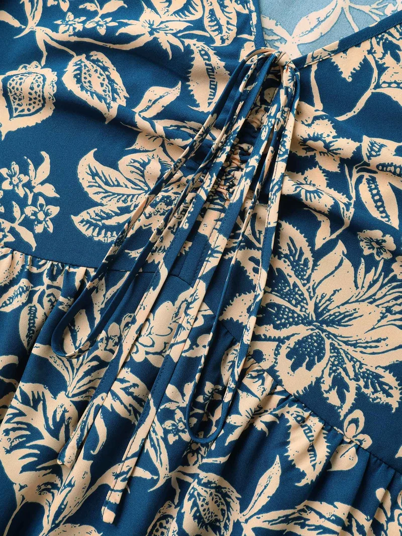 Boho Floral Drawstring Pockets Midi Dress