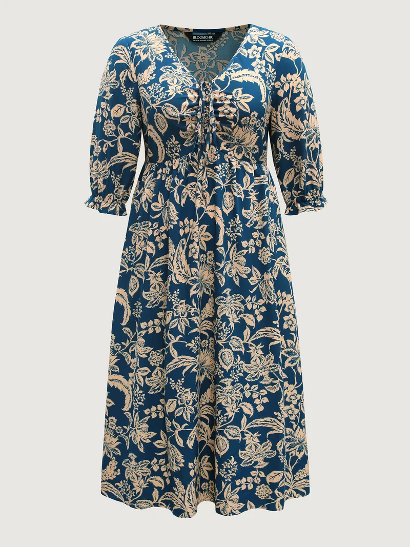 Boho Floral Drawstring Pockets Midi Dress