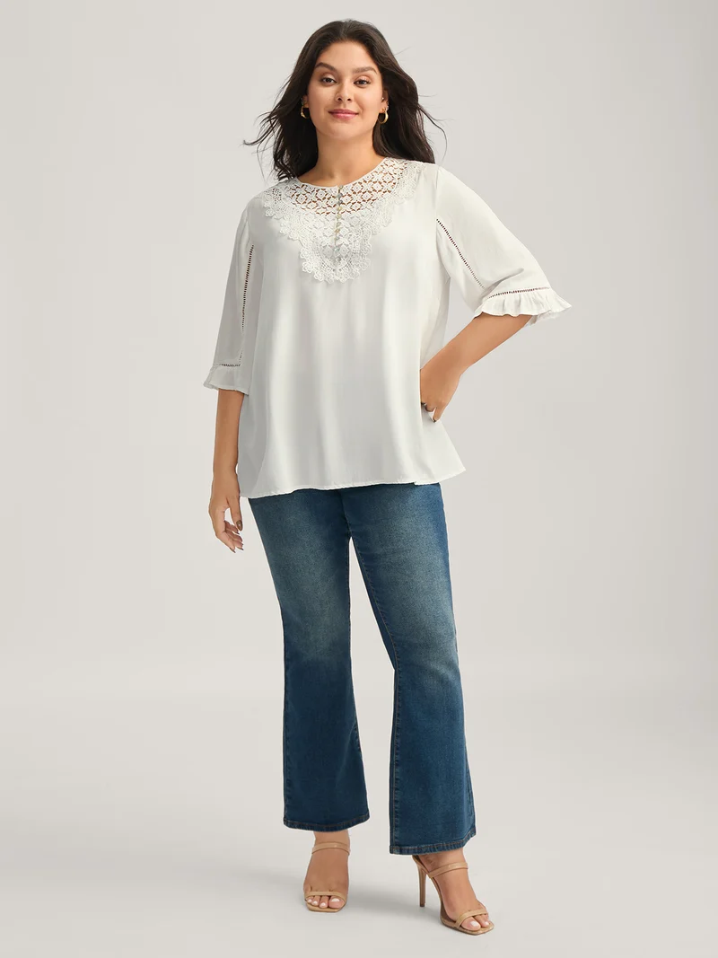 Lace Spliced Button Detail Blouse