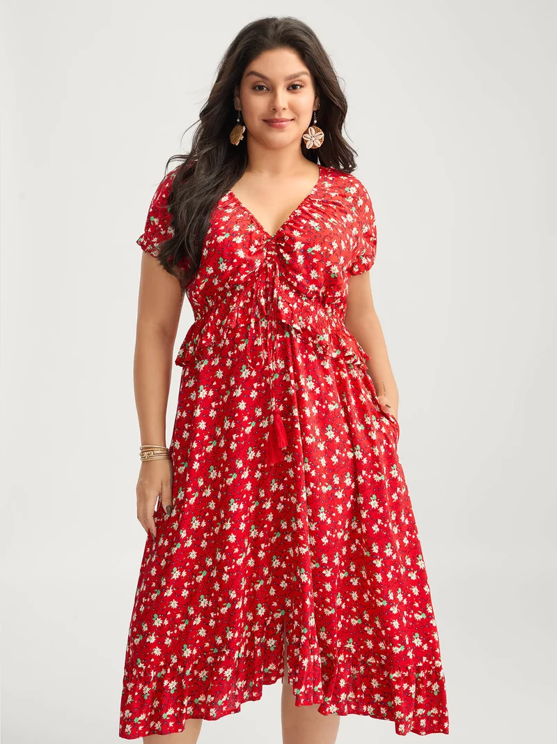 Romantic Floral Cinched-Waist Midi Dress