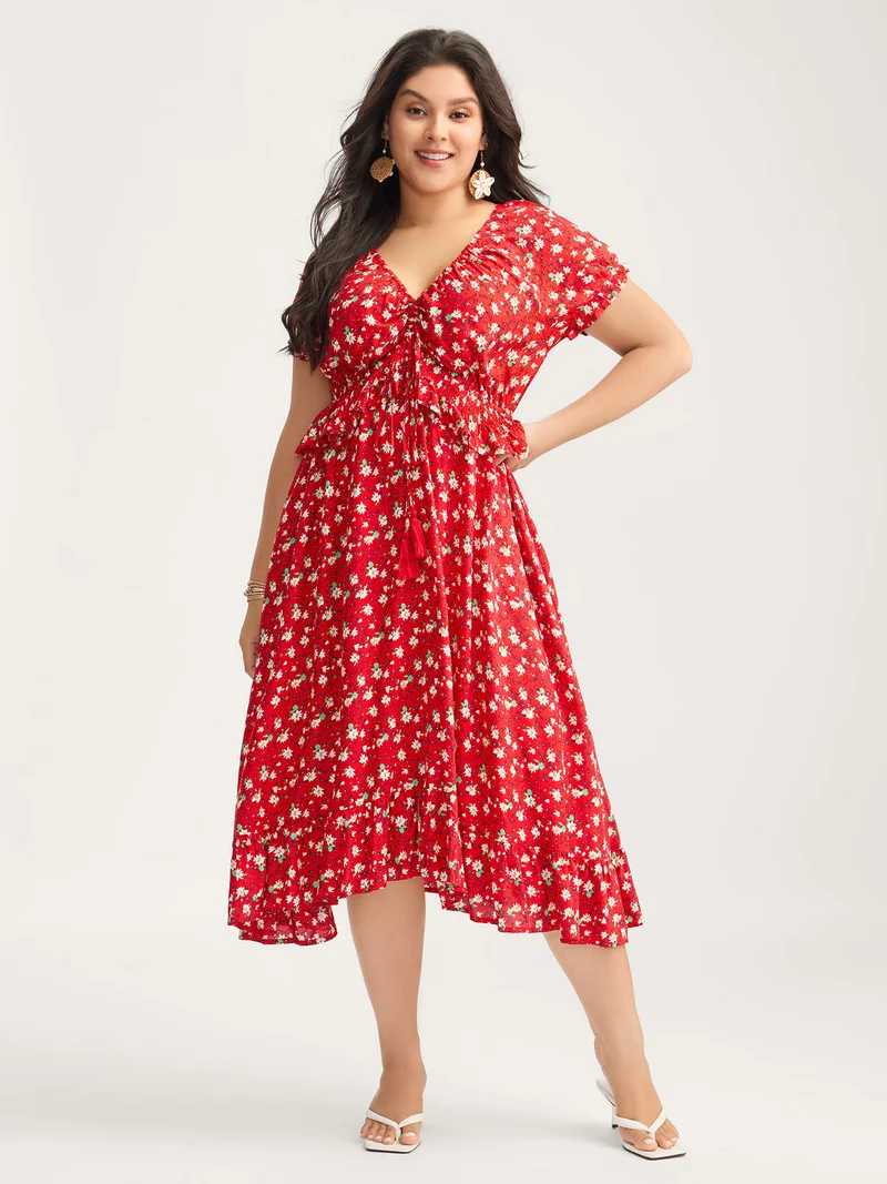 Romantic Floral Cinched-Waist Midi Dress