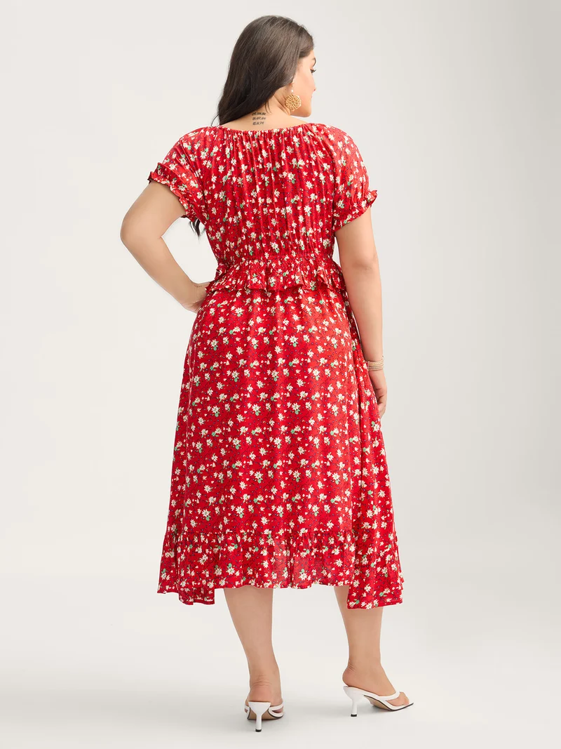Romantic Floral Cinched-Waist Midi Dress