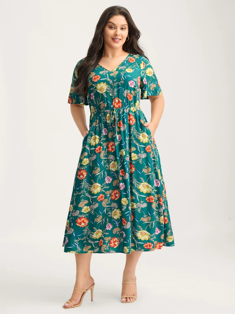 Floral Print Stretchy-Waist Split Midi Dress