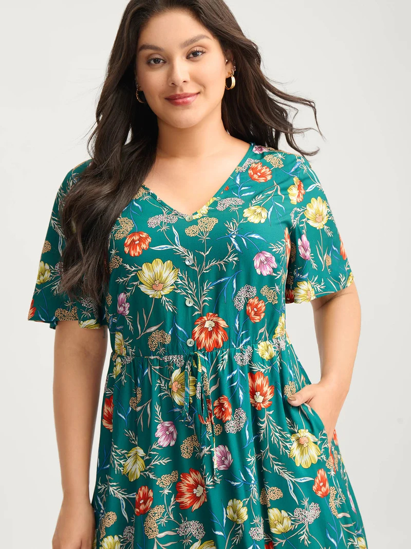 Floral Print Stretchy-Waist Split Midi Dress