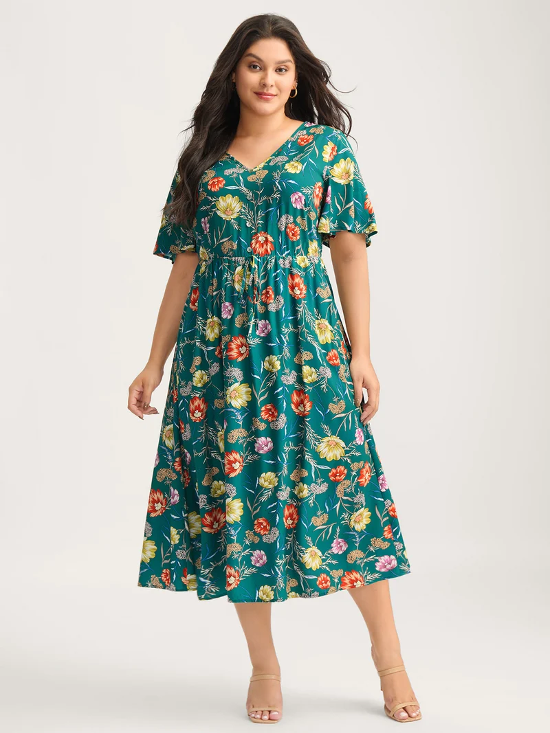 Floral Print Stretchy-Waist Split Midi Dress