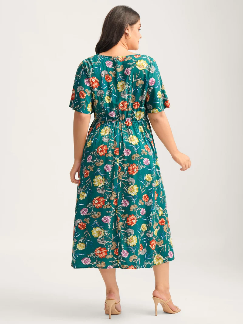 Floral Print Stretchy-Waist Split Midi Dress