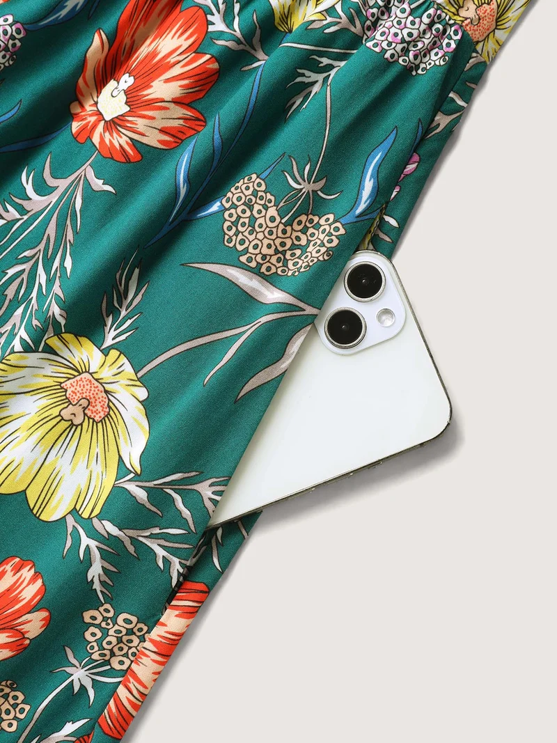 Floral Print Stretchy-Waist Split Midi Dress