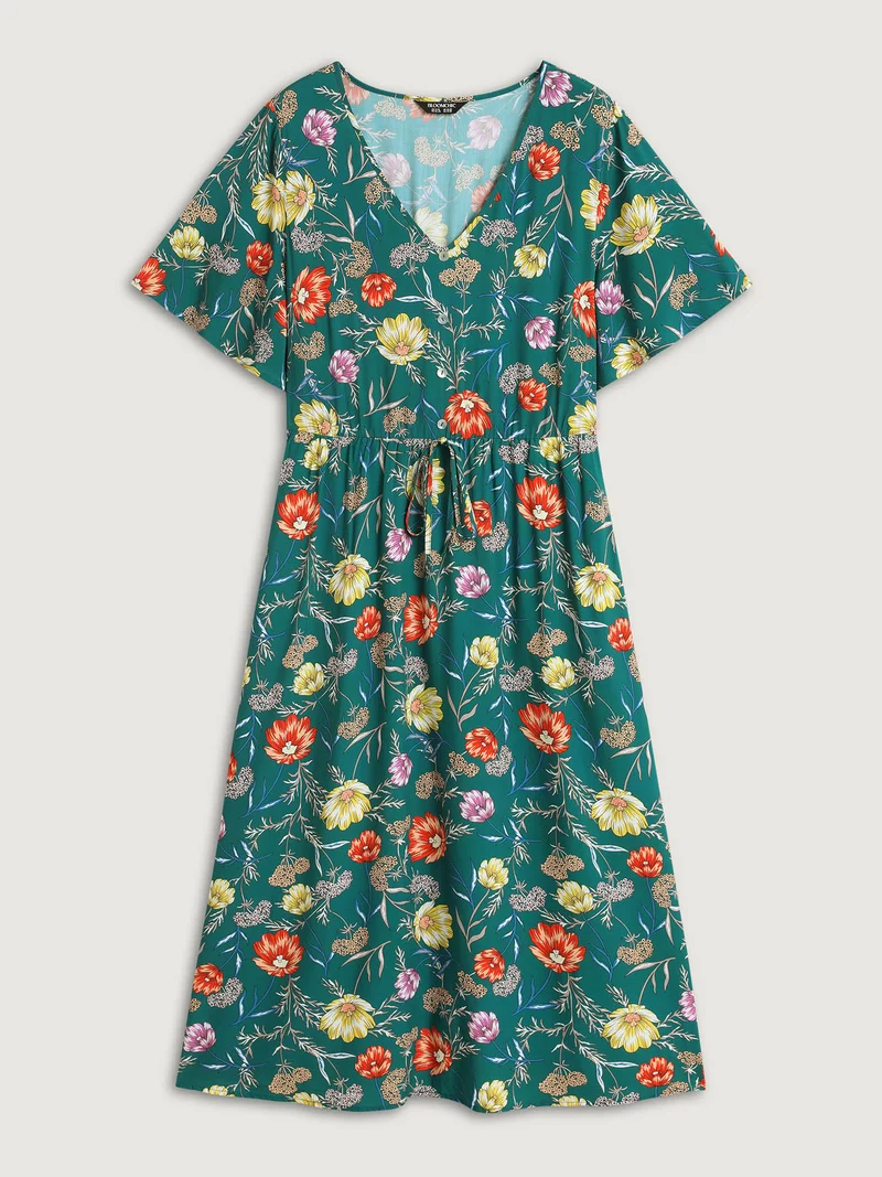 Floral Print Stretchy-Waist Split Midi Dress