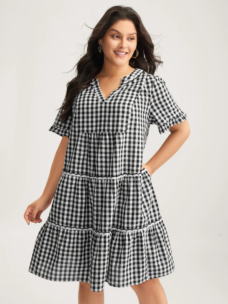 Checkered Lace Trim Tiered Midi Dress
