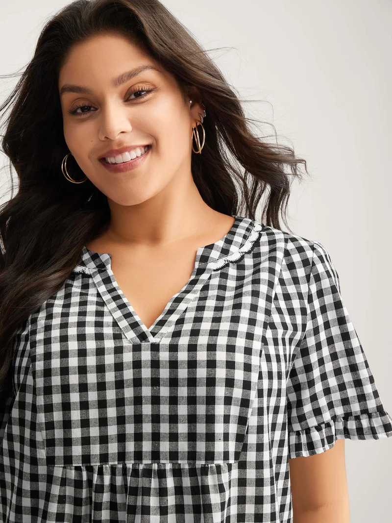 Checkered Lace Trim Tiered Midi Dress