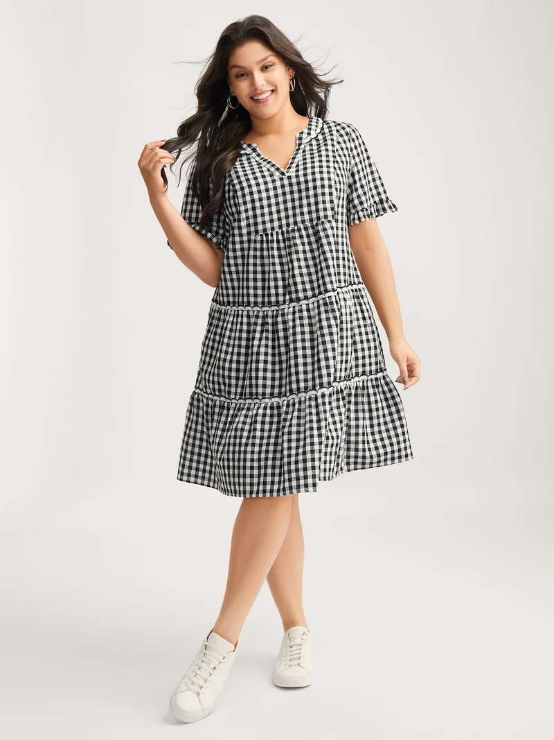 Checkered Lace Trim Tiered Midi Dress