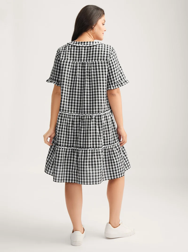Checkered Lace Trim Tiered Midi Dress