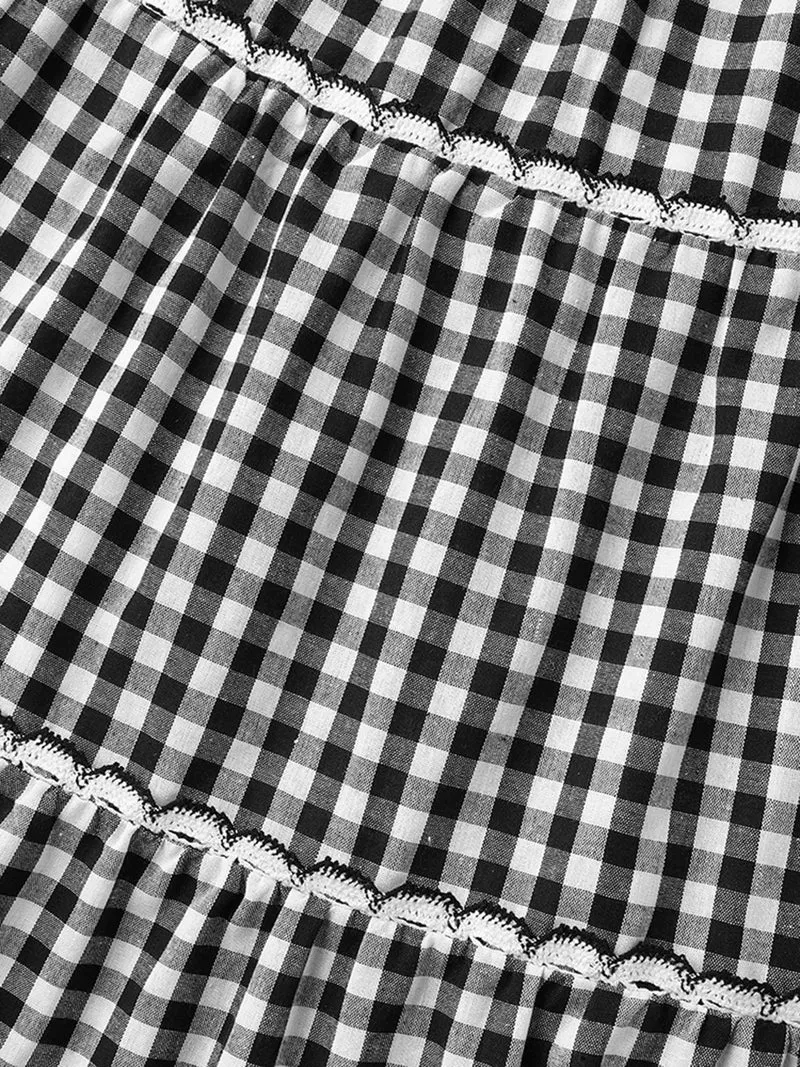 Checkered Lace Trim Tiered Midi Dress