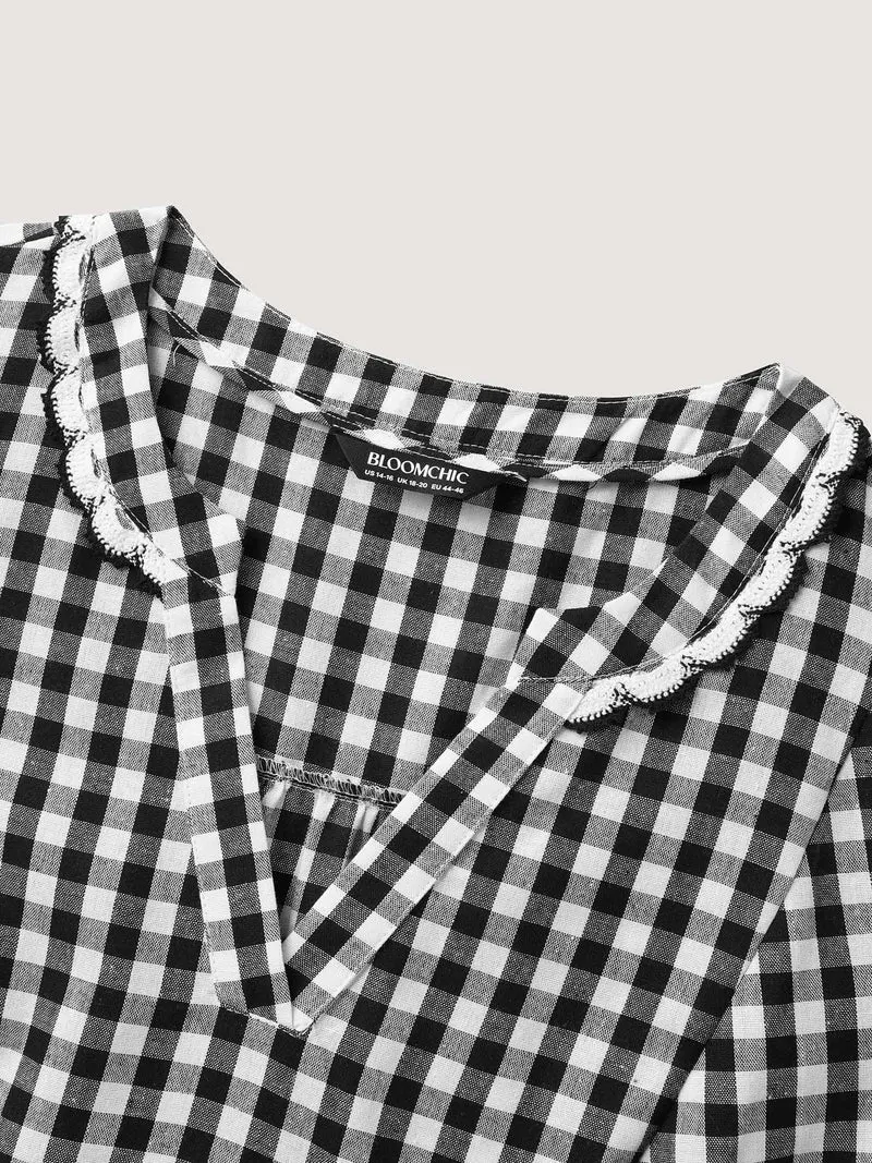 Checkered Lace Trim Tiered Midi Dress