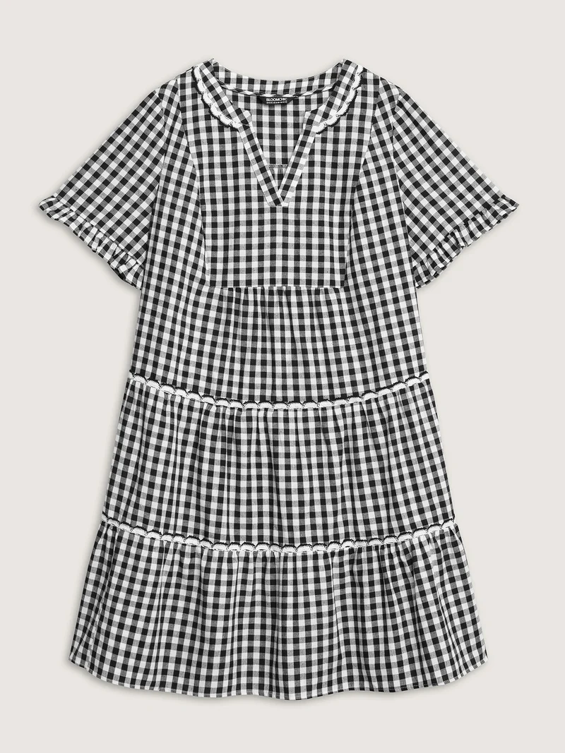 Checkered Lace Trim Tiered Midi Dress