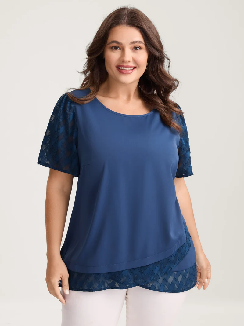 Textured Overlap Hem Sheer Blouse