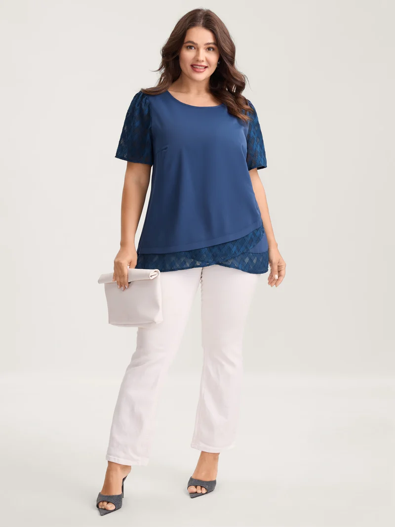 Textured Overlap Hem Sheer Blouse