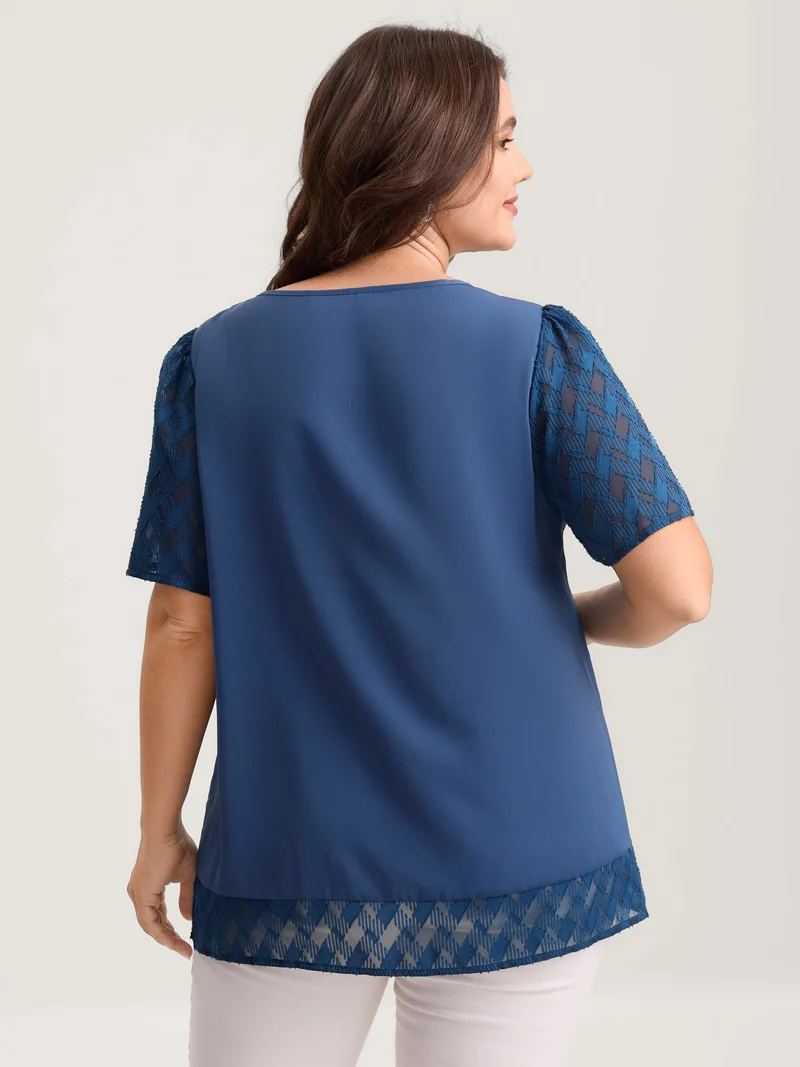 Textured Overlap Hem Sheer Blouse