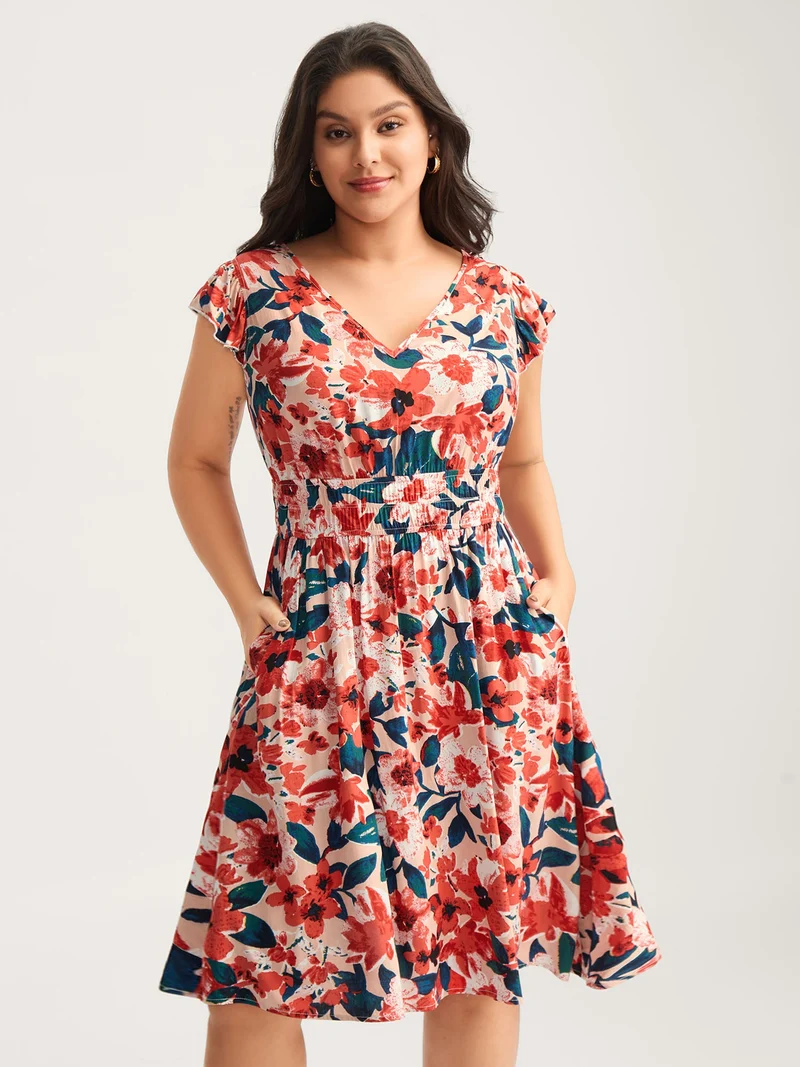 Floral Three-Layered Stretchy Waist Midi Dress