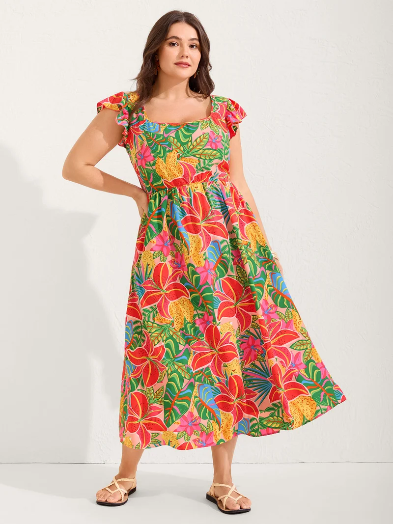 Bright Floral Print Pockets Flutter Midi Dress