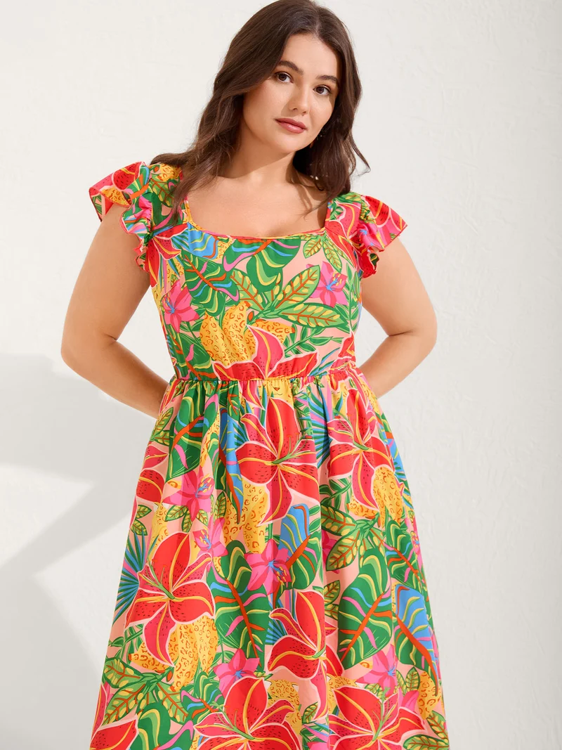 Bright Floral Print Pockets Flutter Midi Dress