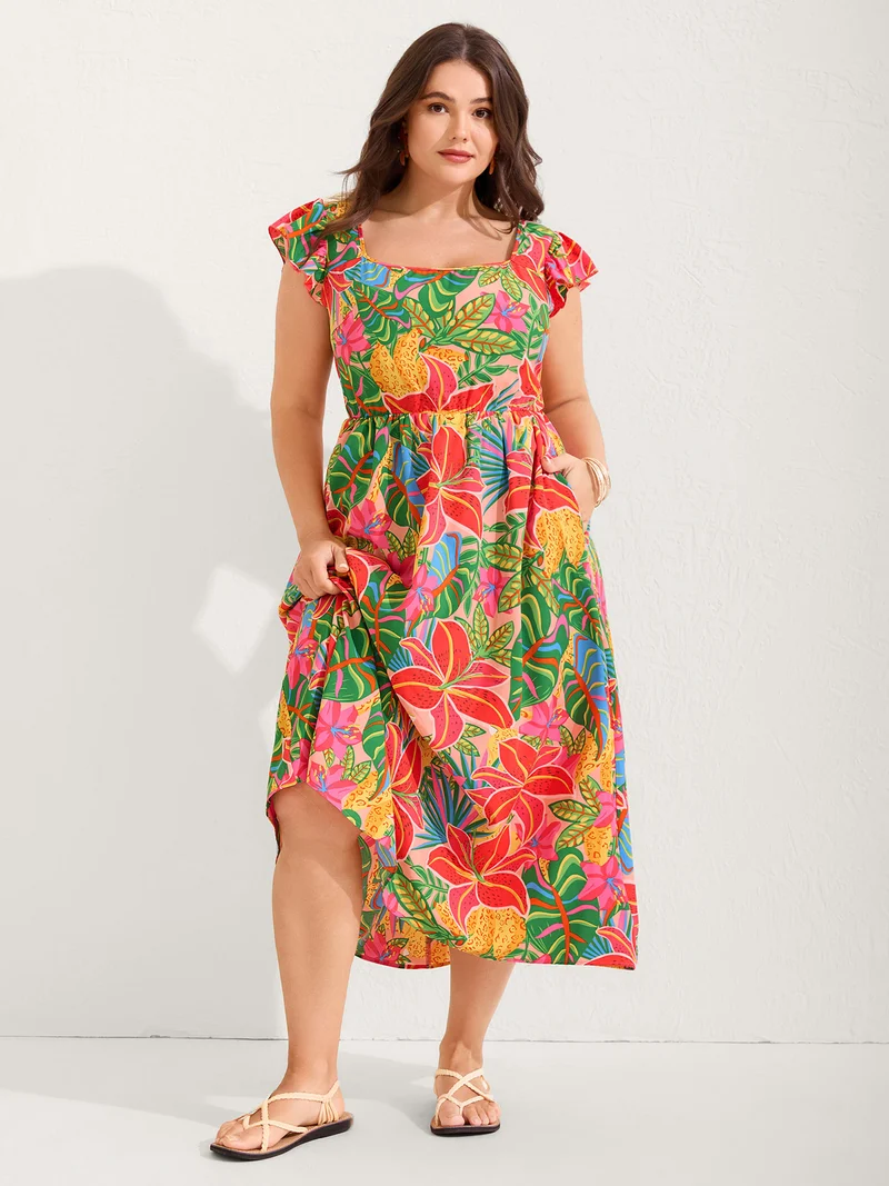 Bright Floral Print Pockets Flutter Midi Dress