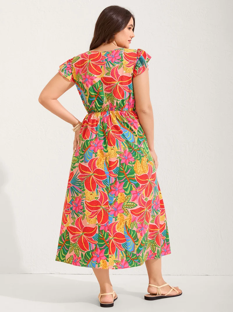 Bright Floral Print Pockets Flutter Midi Dress