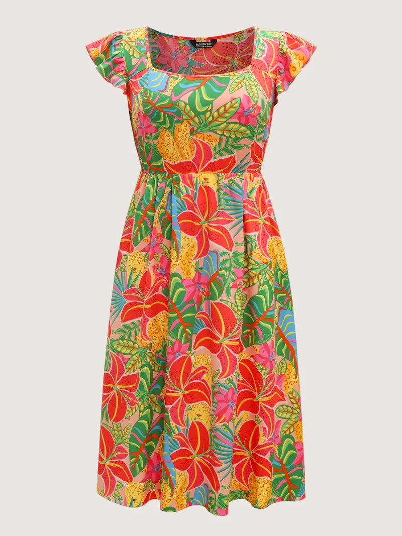 Bright Floral Print Pockets Flutter Midi Dress