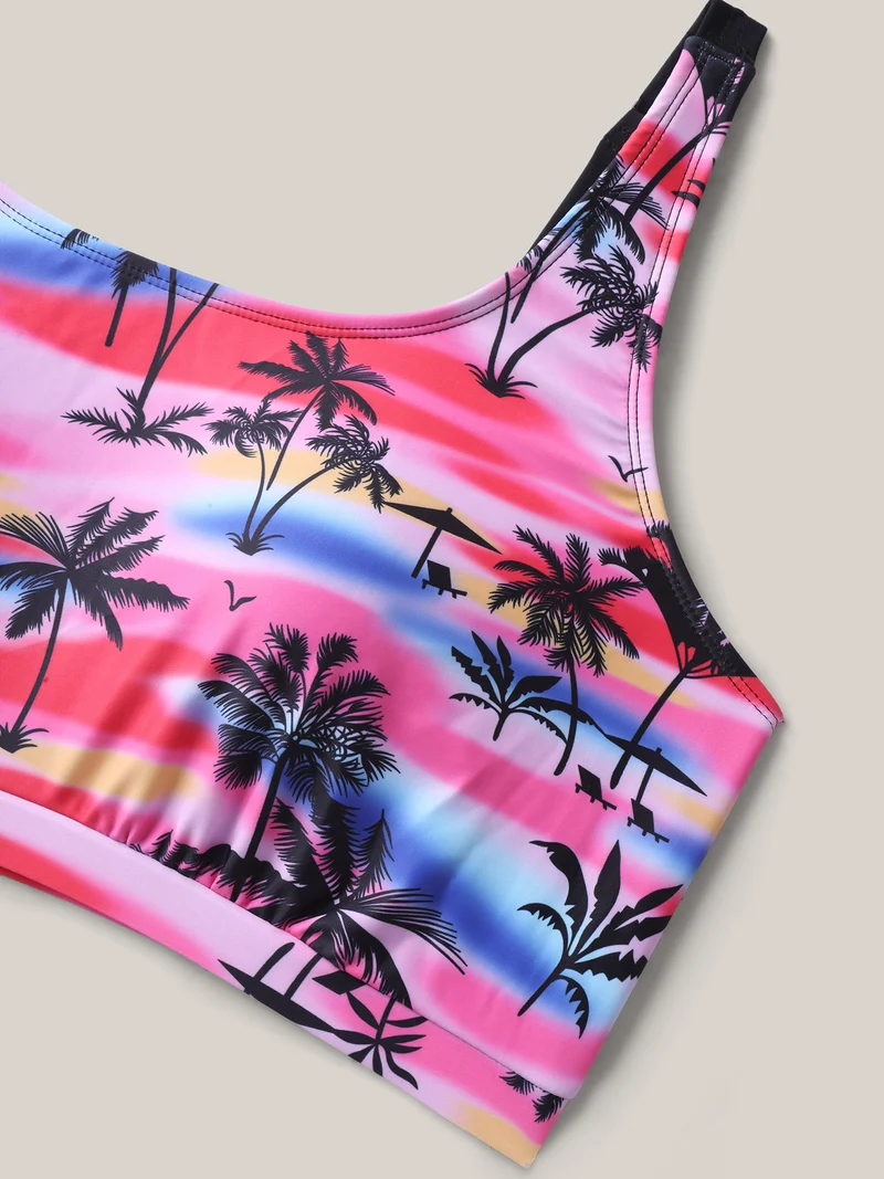 Two-Piece Tropical Print Contrast Swim Top