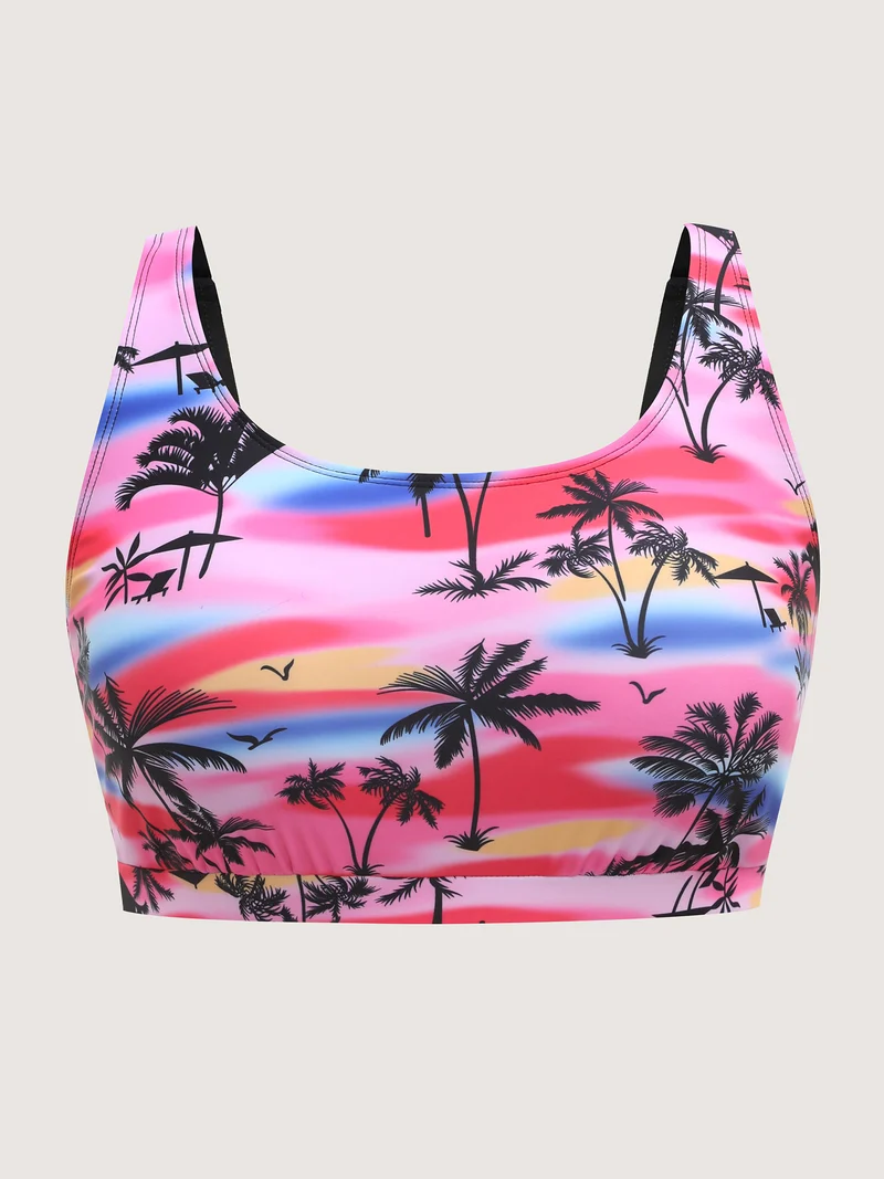 Two-Piece Tropical Print Contrast Swim Top