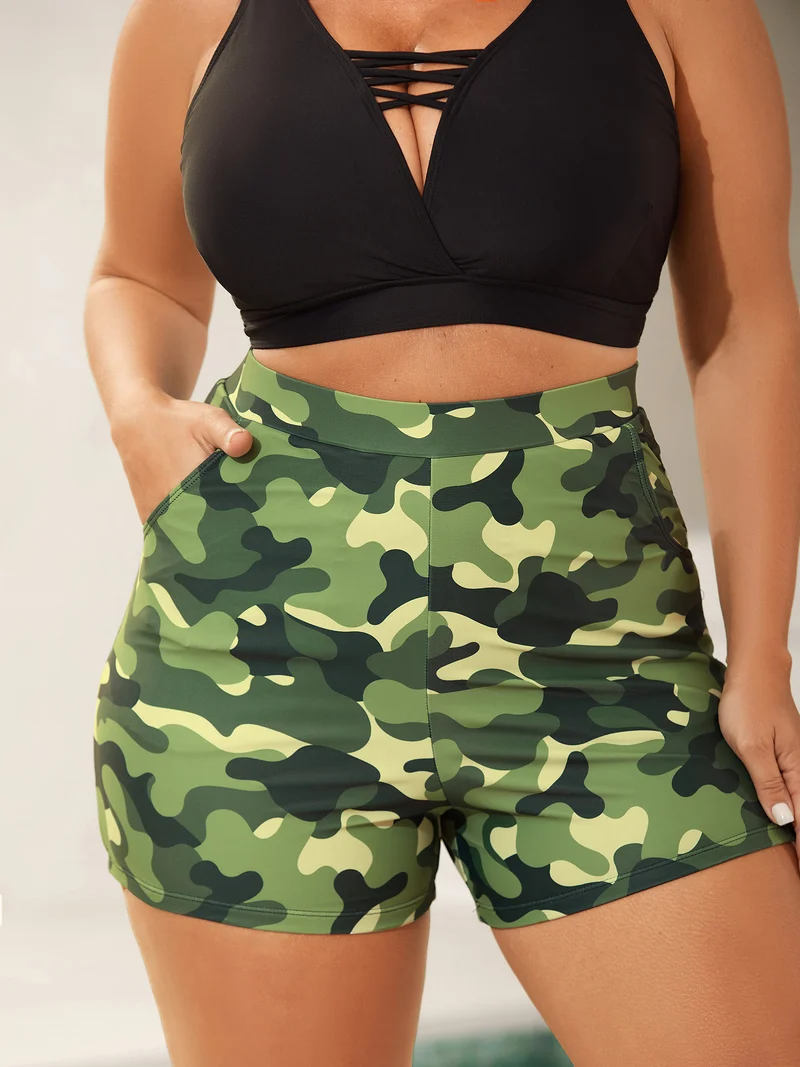 Camouflage Print Pockets Swim Bottoms