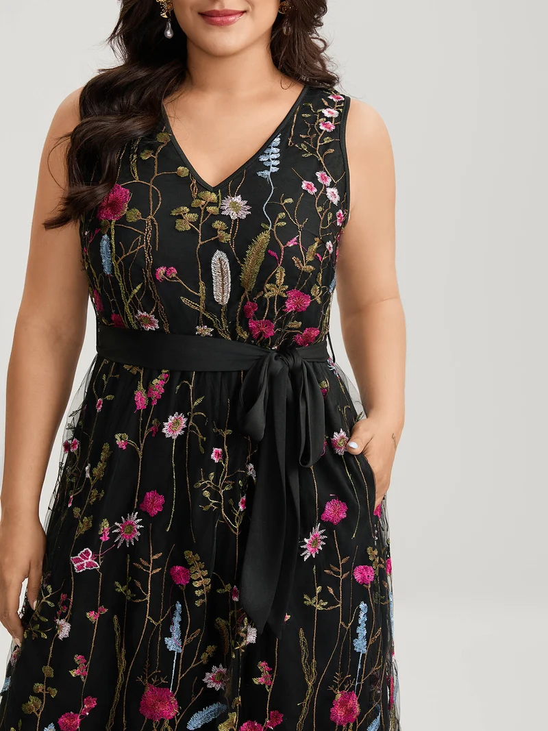 Floral Embroidery Belted Midi Dress