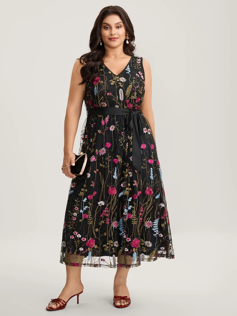 Floral Embroidery Belted Midi Dress