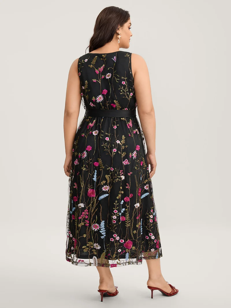 Floral Embroidery Belted Midi Dress