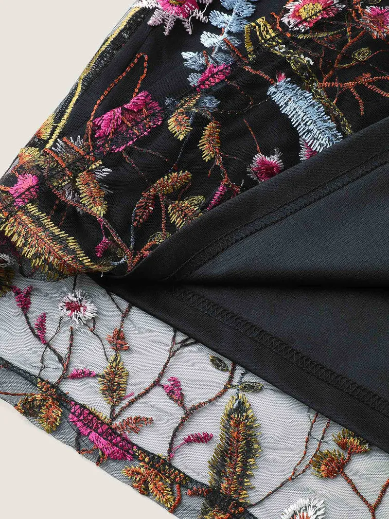 Floral Embroidery Belted Midi Dress