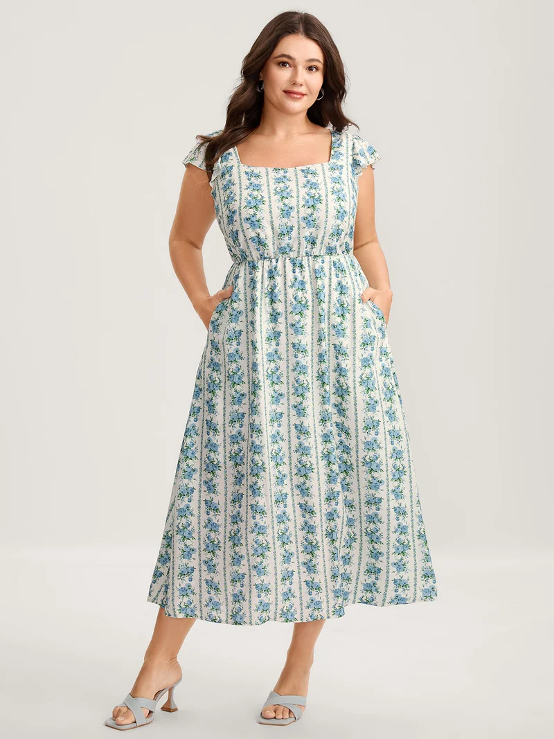 Floral Stripe Flutter Sleeve Maxi Dress