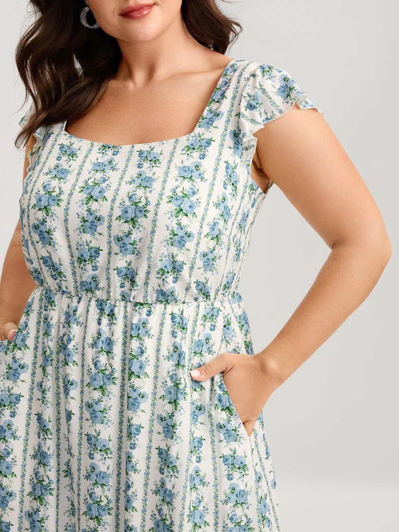 Floral Stripe Flutter Sleeve Maxi Dress