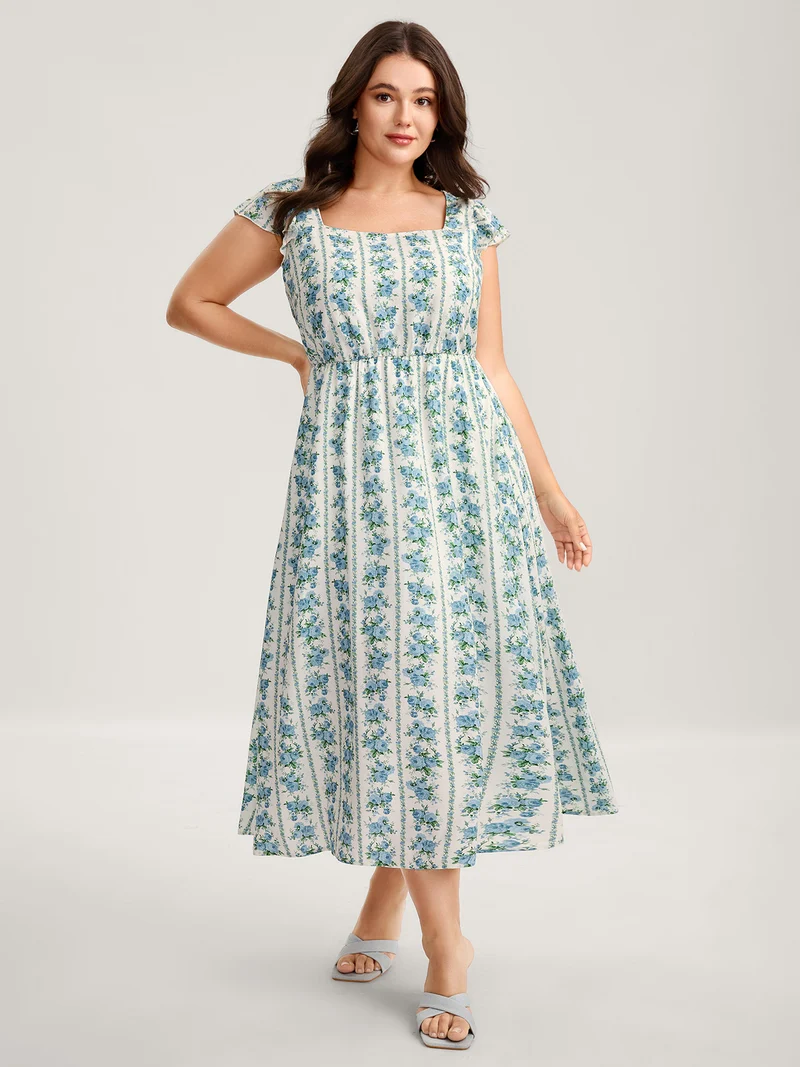 Floral Stripe Flutter Sleeve Maxi Dress