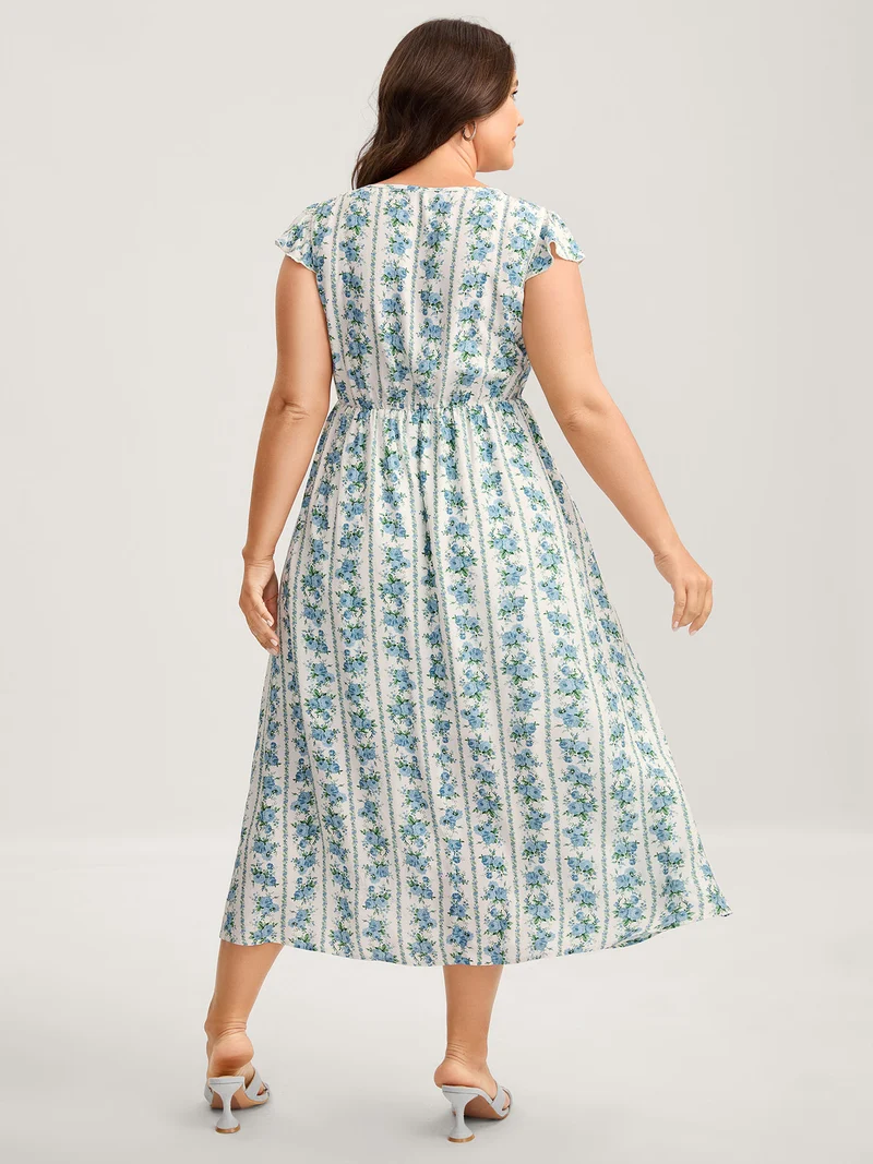Floral Stripe Flutter Sleeve Maxi Dress